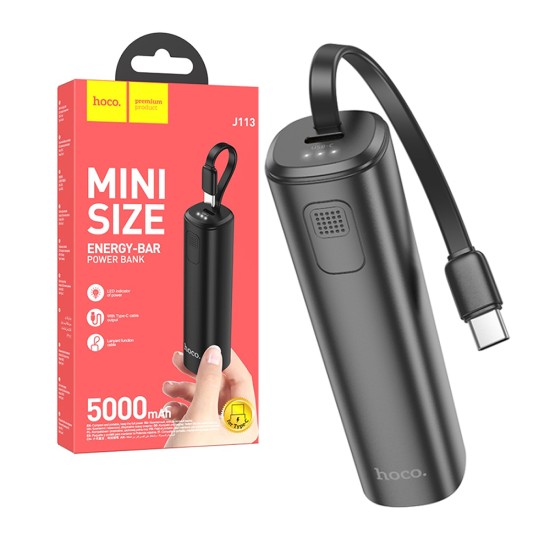 Power Bank Hoco  J113 Energy Bar con Built-in Tipo-C Cable 5000mAh Negro